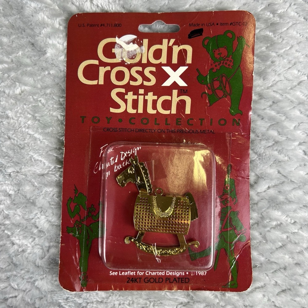 Vtg Needleform Gold'N Cross Stitch Toy Rocking Horse Ornament 24KT Gold Plated